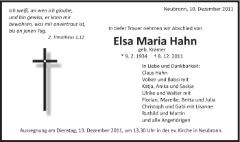 Traueranzeige von Elsa Maria Hahn von Schwäbische Post