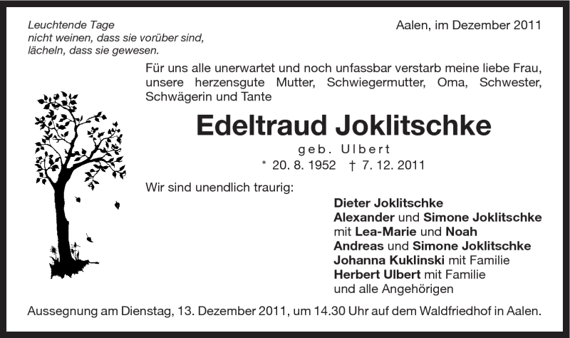  Traueranzeige für Edeltraud Joklitschke vom 10.12.2011 aus Schwäbische Post