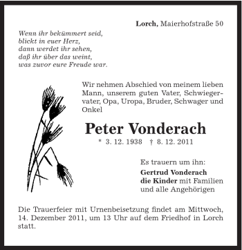 Traueranzeige von Peter Vonderach von Gmünder Tagespost