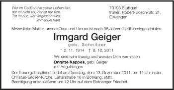 Traueranzeige von Geiger Irmgard von Schwäbische Post