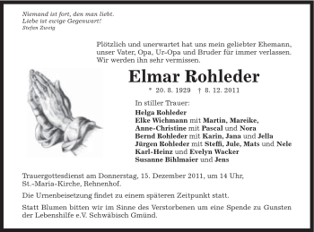 Traueranzeige von Elmar Rohleder von Gmünder Tagespost