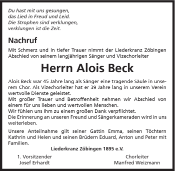 Traueranzeige von Alois Beck von Schwäbische Post