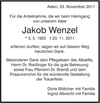 Traueranzeige von Jakob Wenzel von Schwäbische Post