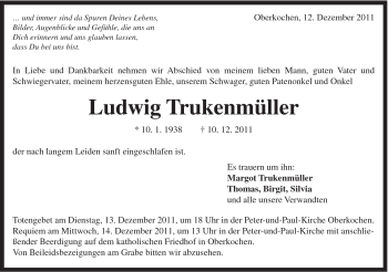 Traueranzeige von Ludwig Trukenmüller von Schwäbische Post