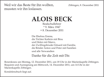 Traueranzeige von Alois Beck von Schwäbische Post