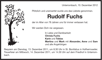 Traueranzeige von Rudolf Fuchs von Schwäbische Post