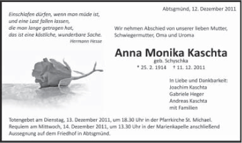 Traueranzeige von Anna Monika Kaschta von Schwäbische Post