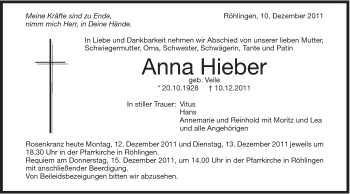 Traueranzeige von Anna Hieber von Schwäbische Post