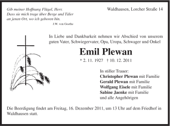 Traueranzeige von Emil Plewan von Gmünder Tagespost