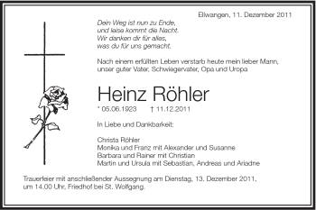 Traueranzeige von Heinz Röhler von Schwäbische Post