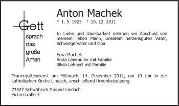 Traueranzeige von Anton Machek von Gmünder Tagespost