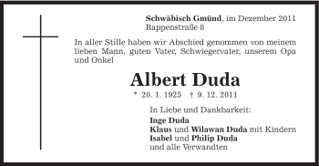 Traueranzeige von Albert Duda von Gmünder Tagespost