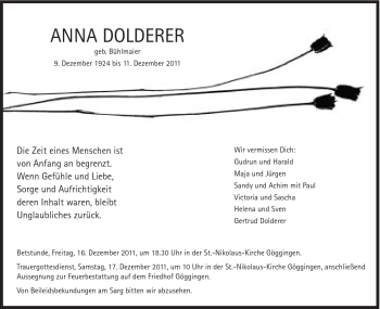 Traueranzeige von Anna Dolderer von Gmünder Tagespost