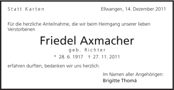 Traueranzeige von Friedel Axmacher von Schwäbische Post