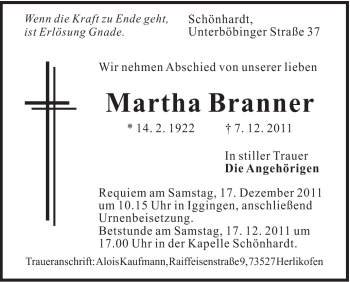 Traueranzeige von Martha Branner von Gmünder Tagespost