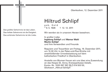 Traueranzeige von Hiltrud Schlipf von Schwäbische Post