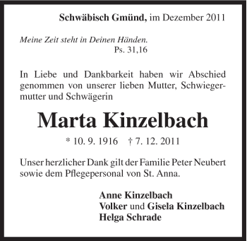 Traueranzeige von Marta Kinzelbach von Gmünder Tagespost