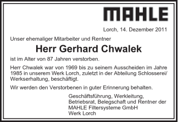 Traueranzeige von Gerhard Chwalek von Gmünder Tagespost