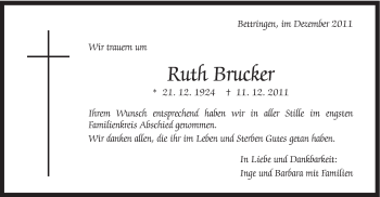 Traueranzeige von Ruth Brucker von Gmünder Tagespost