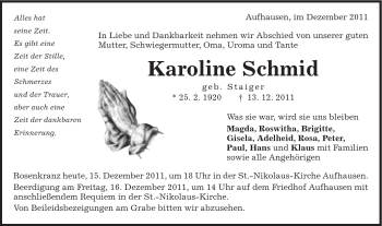 Traueranzeige von Karoline Schmid von Schwäbische Post
