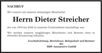 Traueranzeige von Dieter Streicher von Gmünder Tagespost