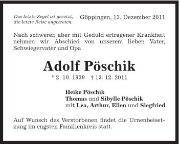Traueranzeige von Adolf Pöschik von Schwäbische Post