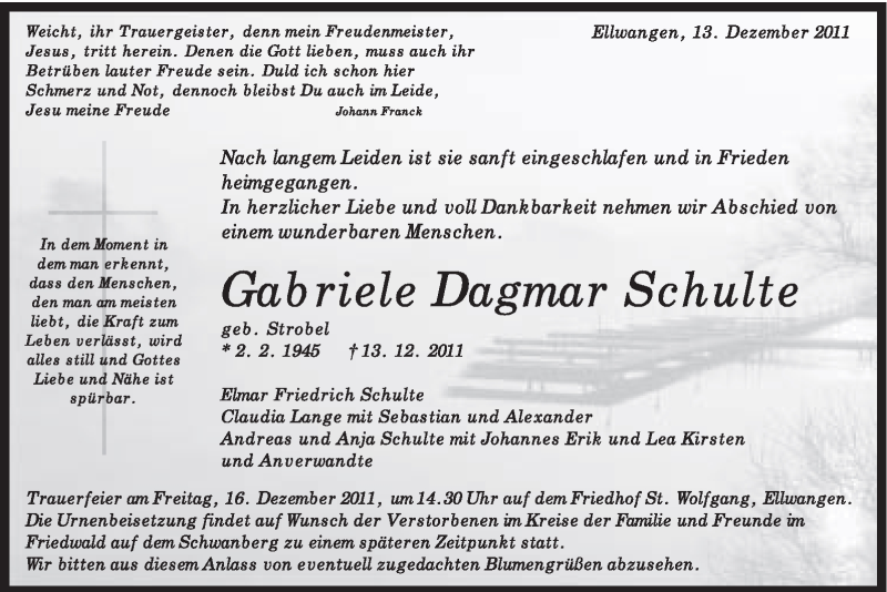 Traueranzeige für Gabriele Dagmar Schulte vom 15.12.2011 aus Schwäbische Post