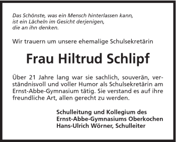 Traueranzeige von Hiltrud Schlipf von Schwäbische Post