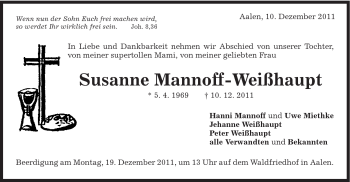 Traueranzeige von Susanne Mannoff-Weißhaupt von Schwäbische Post