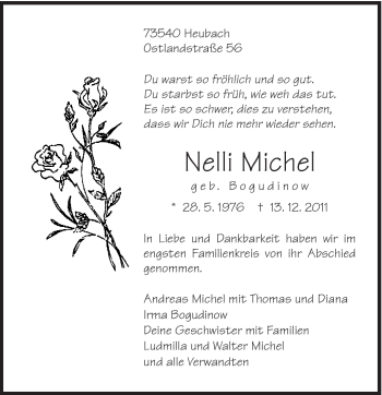 Traueranzeige von Nelli Michel von Gmünder Tagespost