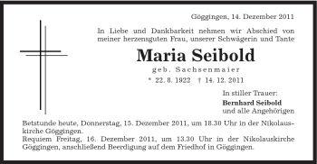 Traueranzeige von Maria Seibold von Gmünder Tagespost