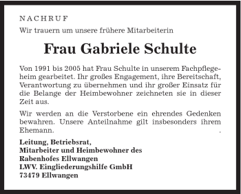 Traueranzeige von Gabriele Schulte von Schwäbische Post