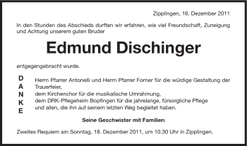 Traueranzeige von Edmund Dischinger von Schwäbische Post