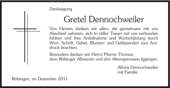 Traueranzeige von Gretel Dennochweiler von Gmünder Tagespost