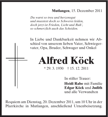 Traueranzeige von Alfred Köck von Gmünder Tagespost