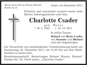 Traueranzeige von Charlotte Csader von Schwäbische Post