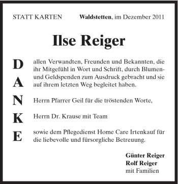 Traueranzeige von Ilse Reiger von Gmünder Tagespost