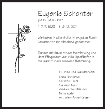 Traueranzeige von Eugenie Schonter von Gmünder Tagespost