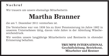 Traueranzeige von Martha Branner von Gmünder Tagespost