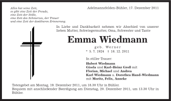 Traueranzeige von Emma Wiedmann von Schwäbische Post