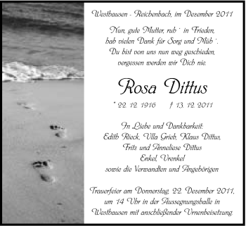 Traueranzeige von Rosa Dittus von Schwäbische Post
