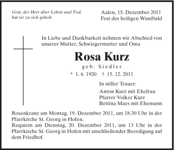 Traueranzeige von Rosa Kurz von Schwäbische Post