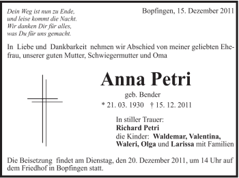 Traueranzeige von Anna Petri von Schwäbische Post