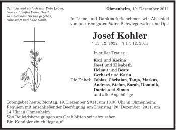 Traueranzeige von Josef Kohler von Schwäbische Post