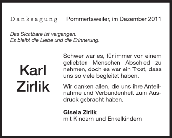 Traueranzeige von Karl Zirlik von Schwäbische Post