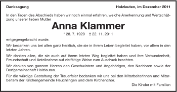 Traueranzeige von Anna Klammer von Gmünder Tagespost
