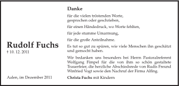 Traueranzeige von Rudolf Fuchs von Schwäbische Post