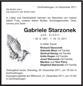 Traueranzeige von Gabriele Starzonek von Schwäbische Post