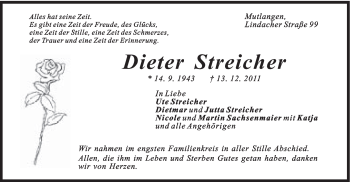 Traueranzeige von Dieter Streicher von Gmünder Tagespost