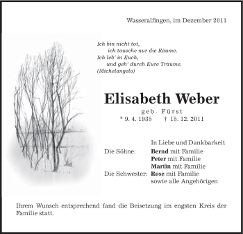Traueranzeige von Elisabeth Weber von Schwäbische Post